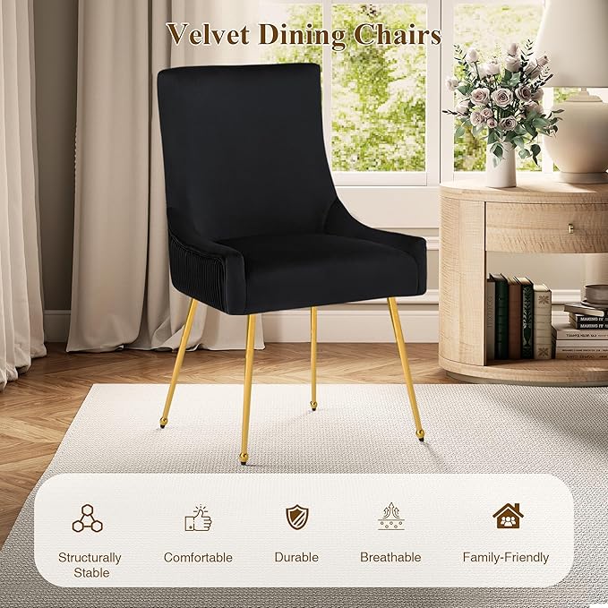 Velvet Dining Chairs Set of 6, Modern Upholstered Kitchen Chair with Pull Handle & Pleated Back, Mid Century Accent Chair with Gold Metal Legs for Vanity,Dining,Kitchen,Living Room, Black