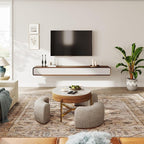 POVISON Fully-Assembled Minimalist Floating TV Stand, Modern Wall-Mounted Entertainment Center with 4 Flip-Down Cabinet Doors, Solid Wood, Walnut Veneer & White, 94"