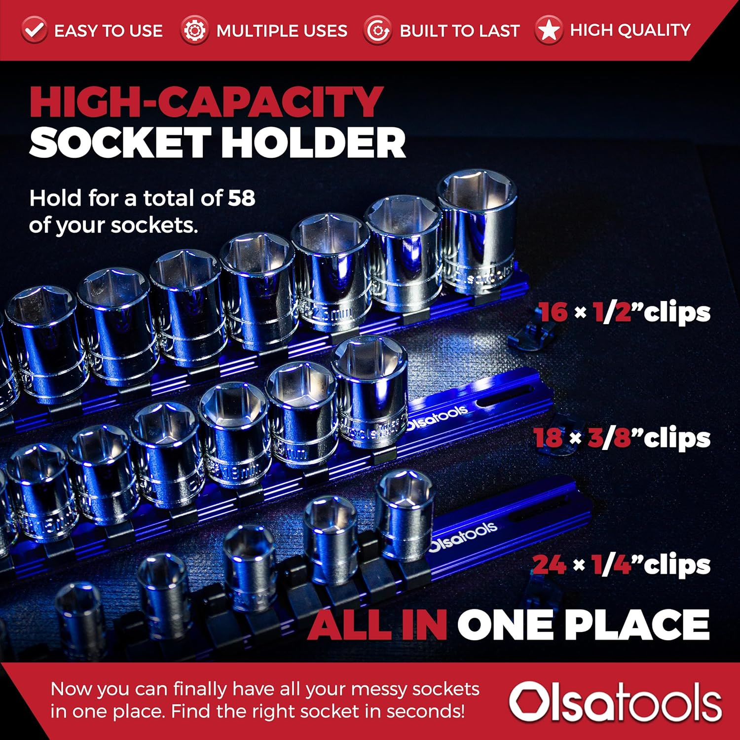 Olsa Tools 3 Pc Set Aluminum Socket Organizer with Locking End Caps | 1/4-Inch Drive x 24 Clips, 3/8-Inch Drive x 18 Clips, 1/2-Inch Drive x 16 Clips | Professional Quality Socket Holder (Blue)