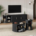Wooden TV Stand & Coffee Table Set with Fluted Sliding Doors for TVs up to 75", Golden Handles Media Console with Cable Hole, Farmhouse Round Center Table for Living Room, Black