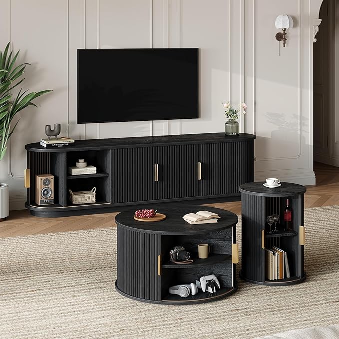 Wooden TV Stand & Coffee Table Set with Fluted Sliding Doors for TVs up to 75", Golden Handles Media Console with Cable Hole, Farmhouse Round Center Table for Living Room, Black