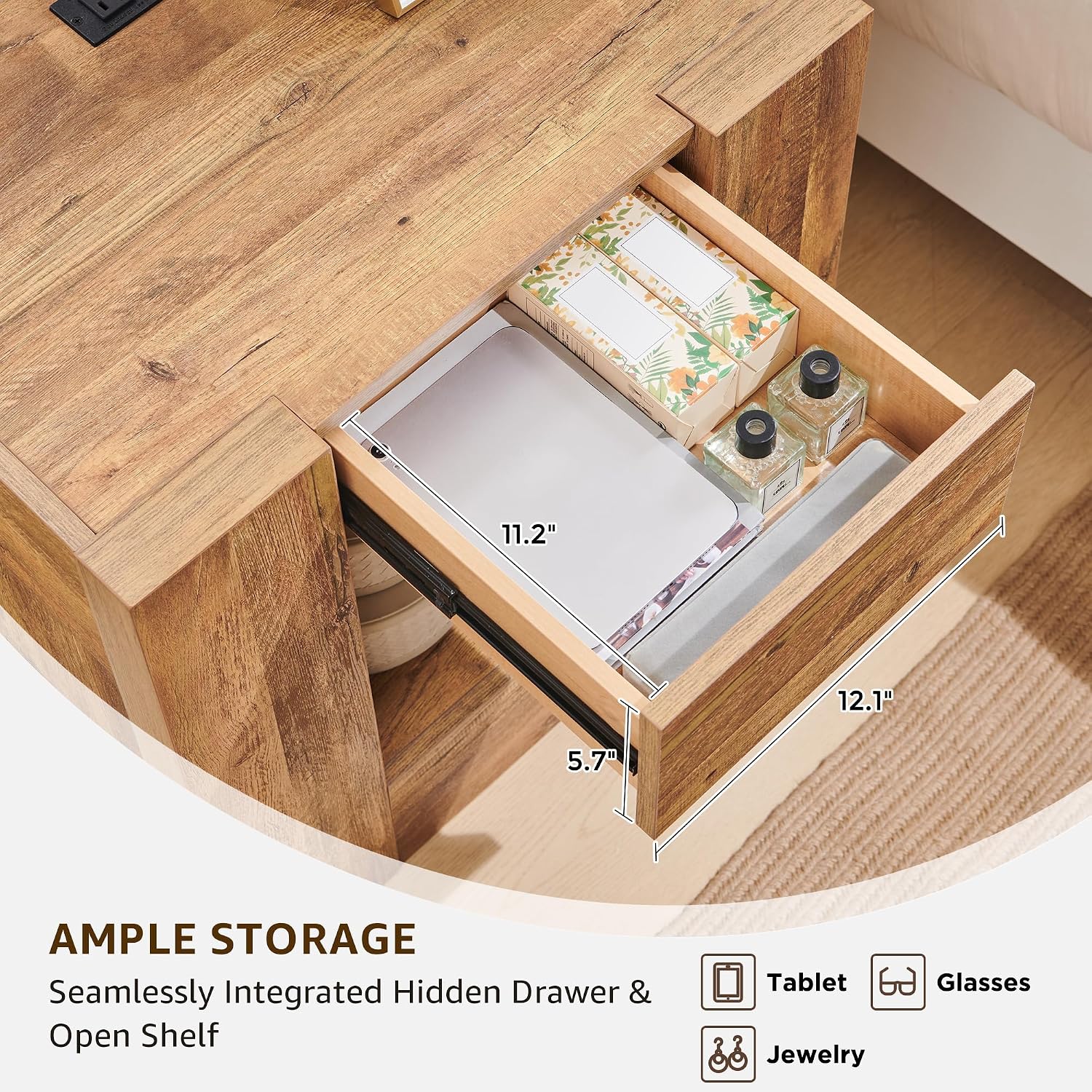 OKD 24" Modern Nightstand Set of 2 w/Drawer/Storage Shelf,Gold Rustic Brown | End Table, Wood Thick Design, Rustic Square Bedside Table w/ Charging Station