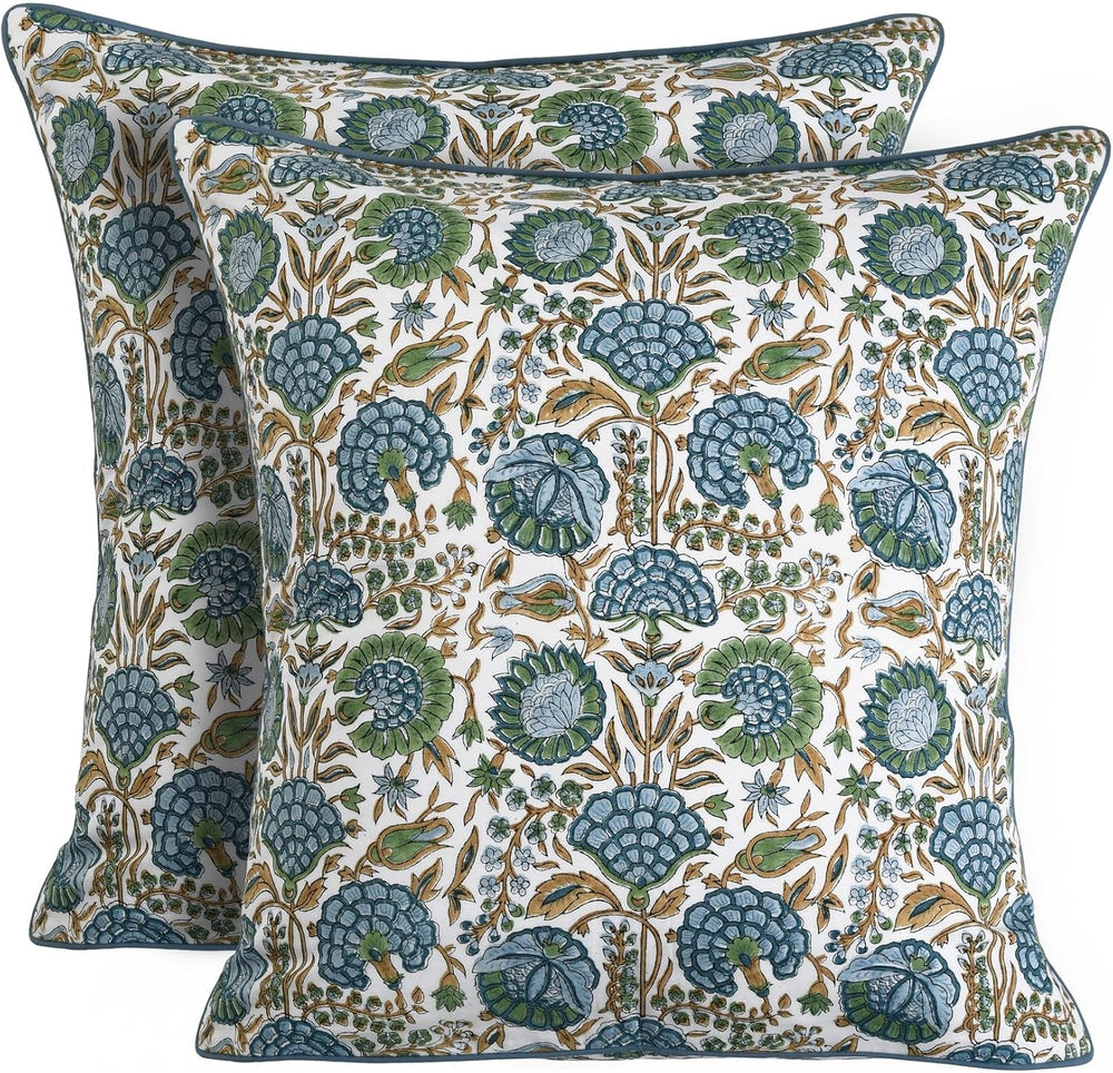 Ridhi Asparagus Green Block Print Cotton Pillow Cover 20x20 Inch Set of 2