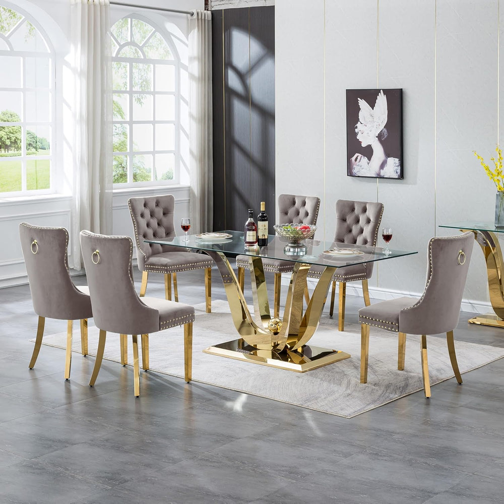 70" Modern Glass Dining Table for 6-8, Luxury Gold Glass Dining Room Tab...