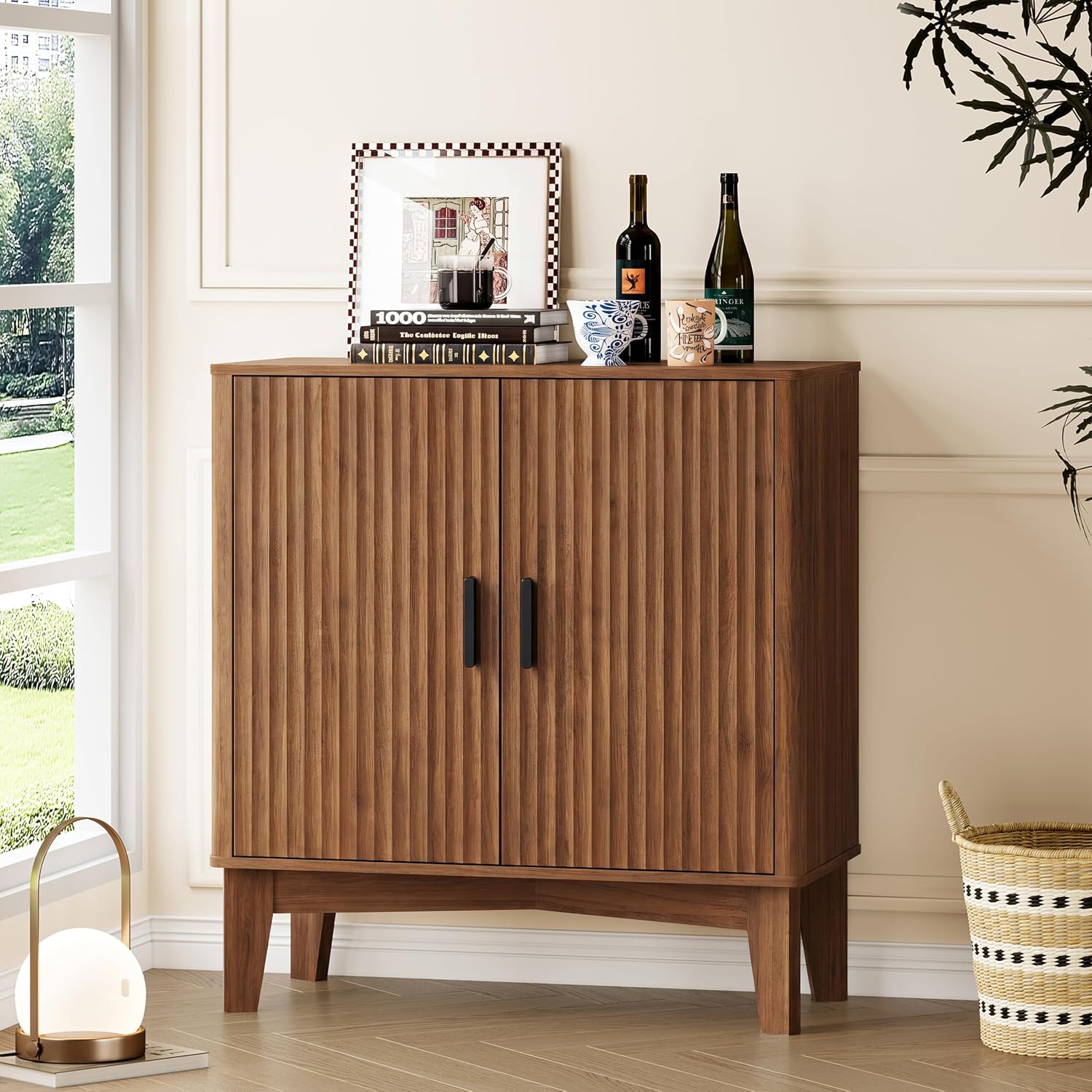 BORNOON Storage Cabinet with Doors and Adjustable Shelf, Modern Fluted Sideboard Buffet Cabinet, Freestanding Coffee Bar for Kitchen, Pantry, Entryway, Living Room
