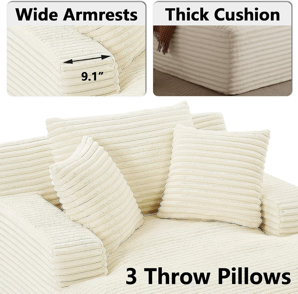 67 Inch Oversized Chaise Lounge Sofa Chair Indoor with 2 Pillows & Armrest, Comfy Upholstered Corduroy Single Sleeper Sofa Chair Bed for Living Room & Bedroom, No Assembly Required (White)