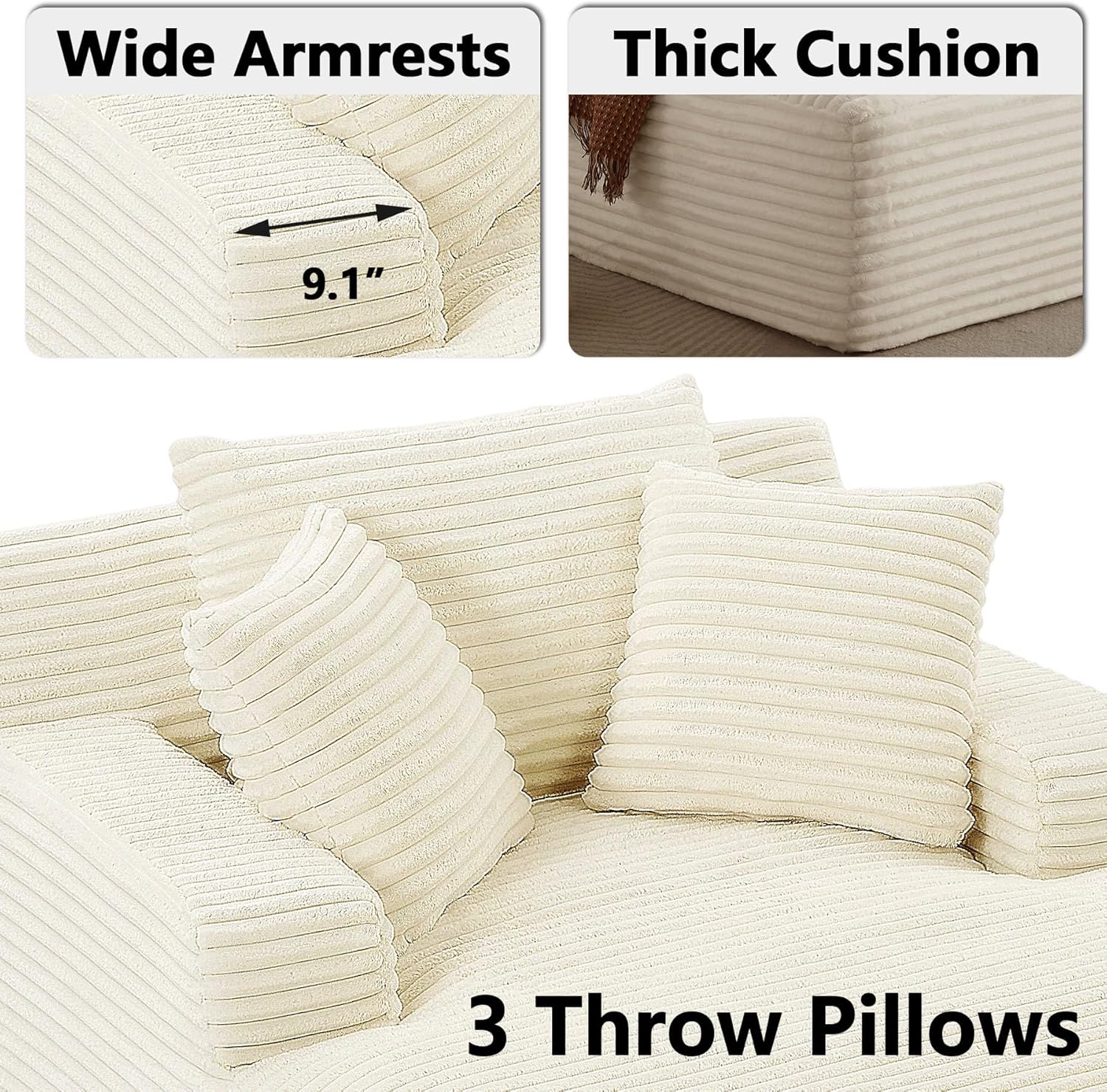 67 Inch Oversized Chaise Lounge Sofa Chair Indoor with 2 Pillows & Armrest, Comfy Upholstered Corduroy Single Sleeper Sofa Chair Bed for Living Room & Bedroom, No Assembly Required (White)