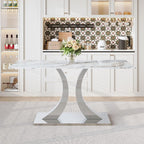 Knocbel 63" Glass Dining Table for 6-8, Kitchen Table with Faux Marble Tabletop and Stainless Steel C-Shaped Pedestal Base, Modern Rectangular Dinner for Apartment Home, Silver & Printed Glass