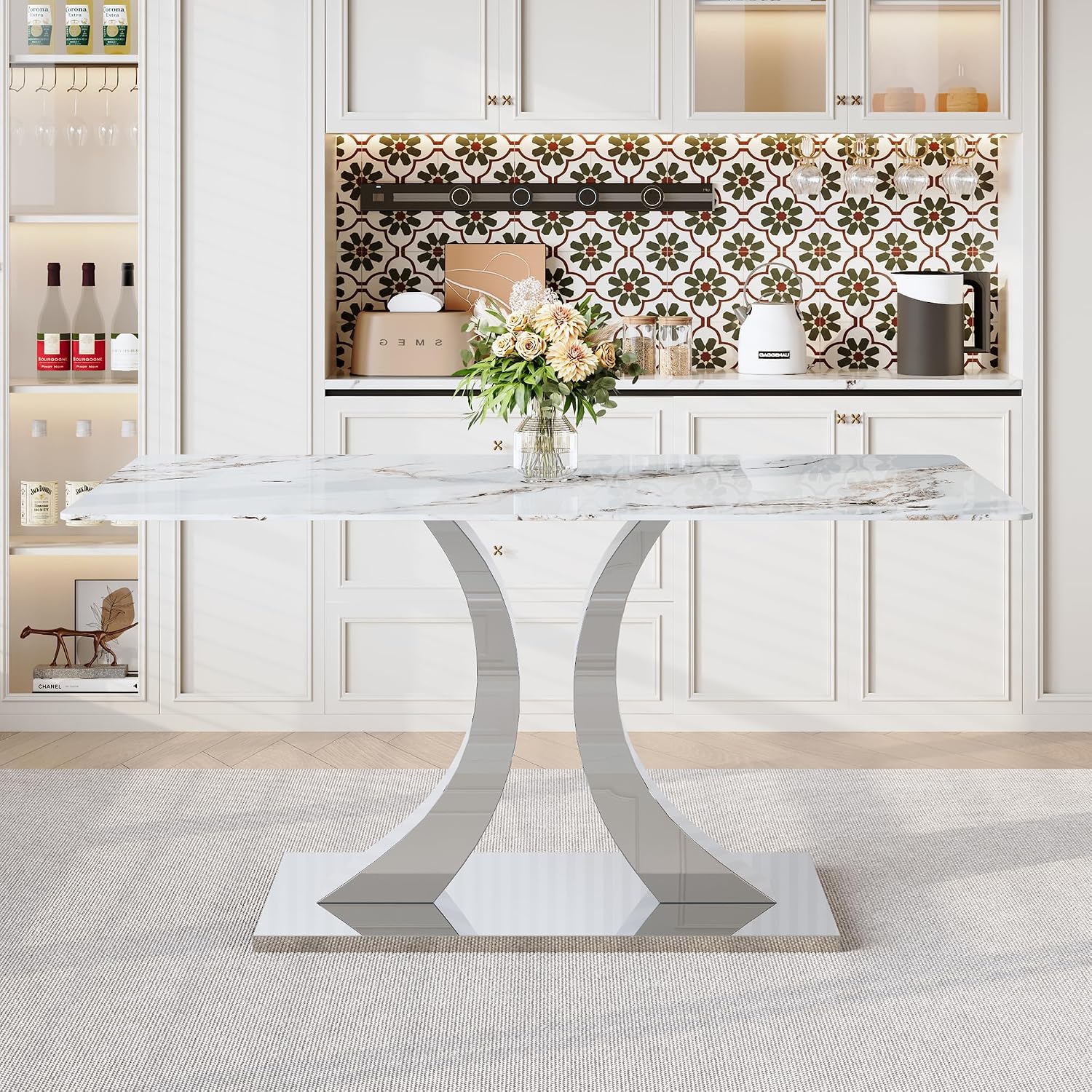 Knocbel 63" Glass Dining Table for 6-8, Kitchen Table with Faux Marble Tabletop and Stainless Steel C-Shaped Pedestal Base, Modern Rectangular Dinner for Apartment Home, Silver & Printed Glass