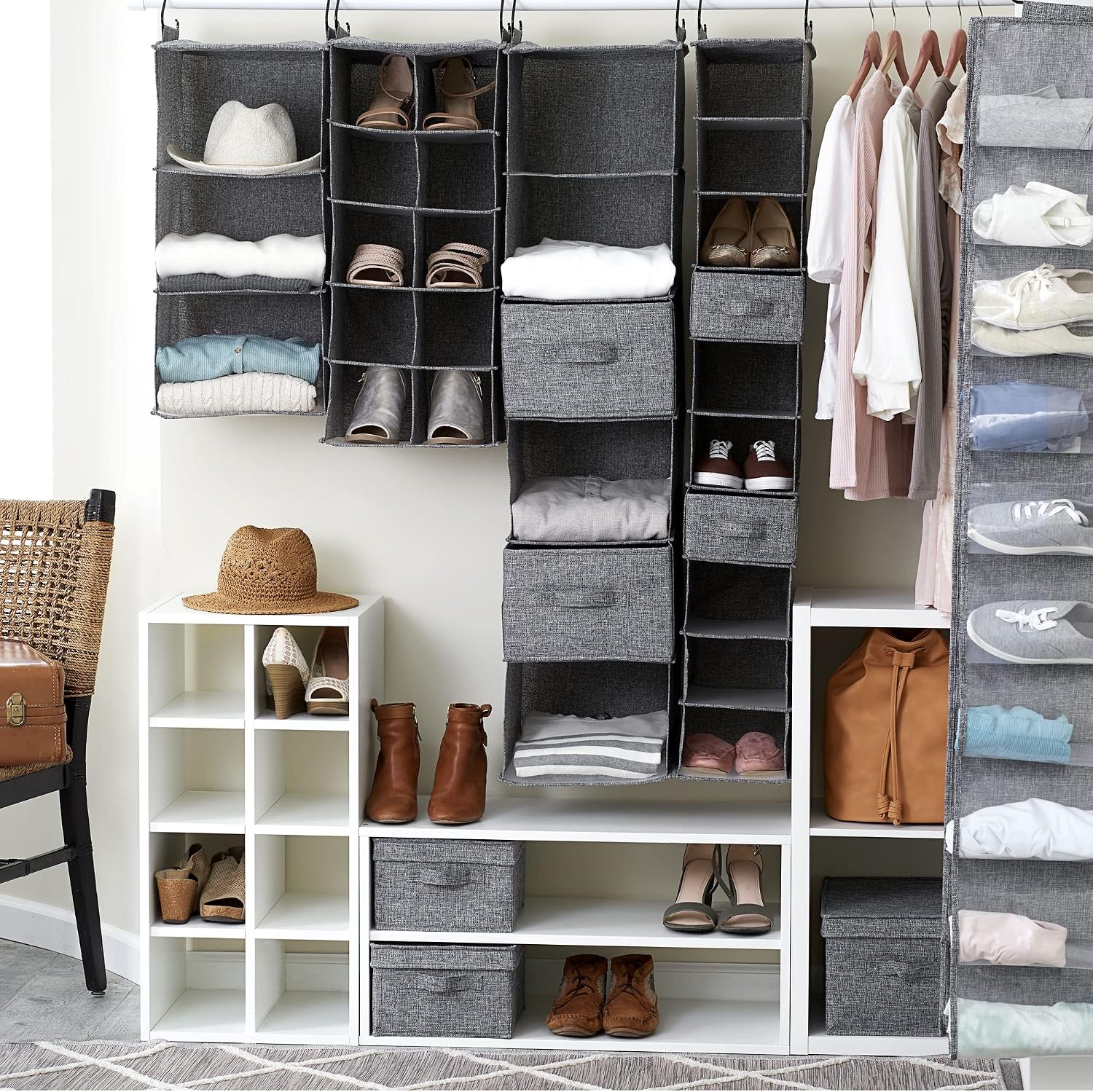 Household Essentials 3 Shelf Hanging Closet Organizer, Hanging Shelf with Hooks, Poly Linen and PEVA Shelving