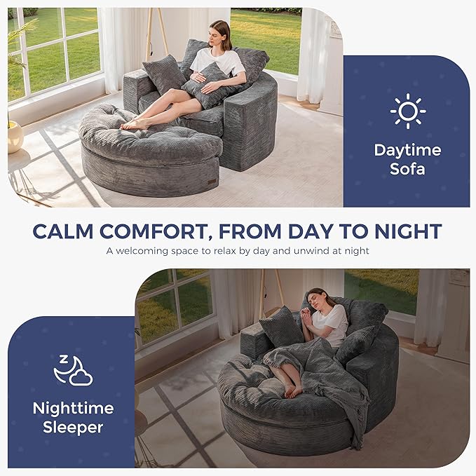 MAXYOYO Modular Sectional Chaise Lounge Sofa, Round Upholstered Lounge Chair with Ottoman, Comfy Couch with Layered Cushion, Tufted Sleeper Chair for Living Room, No Assembly, Dark Grey