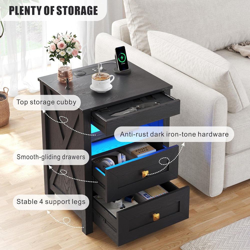 Farmhouse LED Nightstand Set 2 with Gun Drawer&Invisible Lock,Modern Beds...