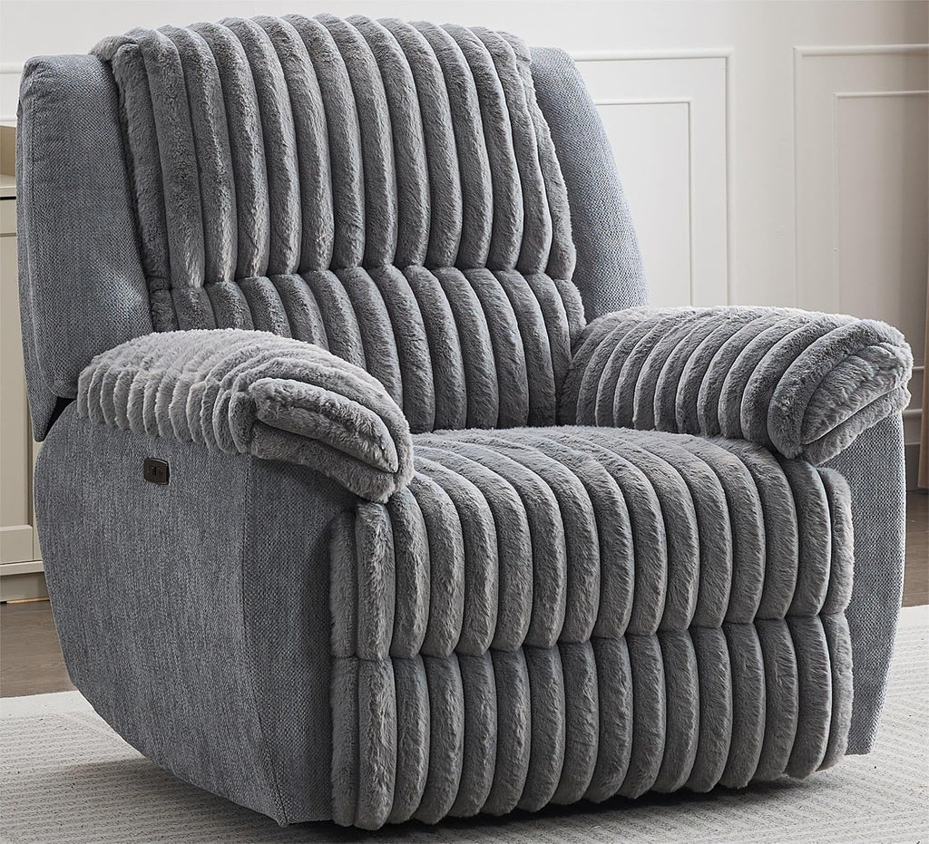 Oversized Power Recliner Zero Gravity with USB Port for Big Man Faux Fur Electric Extra Large Reclining Chairs for Living Room Soft Lumbar Support,26" Seat Width Grey