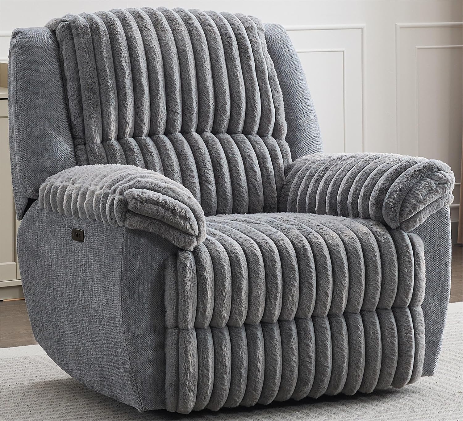 Oversized Power Recliner Zero Gravity with USB Port for Big Man Faux Fur Electric Extra Large Reclining Chairs for Living Room Soft Lumbar Support,26" Seat Width Grey