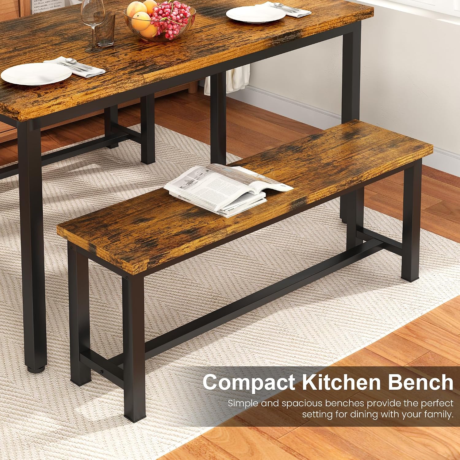 AWQM Table Bench, Pair of 2, Dining Bench, Thickened Steel Frame, Wood Bench, Industrial Style, for Kitchen and Dining Room, 12''Dx38.5''Wx17''H, Rustic Brown