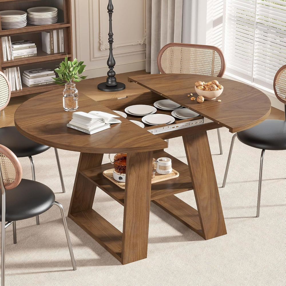 43.3in-59in Extendable Round Dining Table for 4-8, Modern Kitchen Oval Dining...