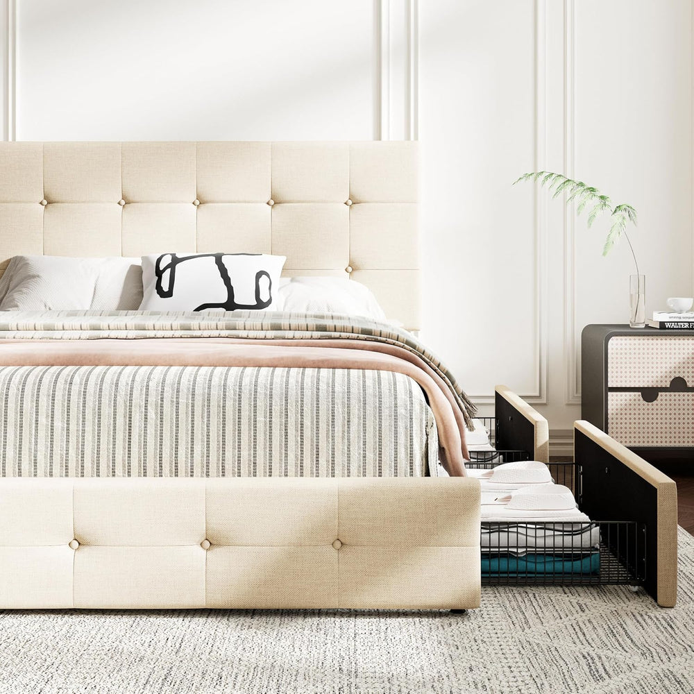 MUTICOR Queen Size Bed Frame with 4 Storage Drawers, Upholstered Platform Bed...