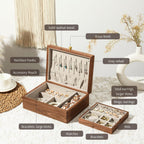 Wooden Jewelry Box, Two Layer Medium Size Real Natural Solid Walnut Wood, Vintage Organizer with Earring Storage, Ring Compartments, Built in Necklace Hooks, Watch Cushions, ek16-m-grey