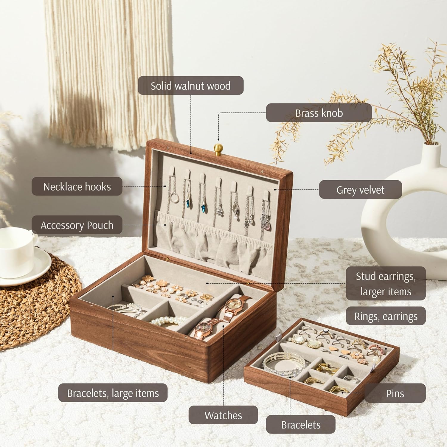 Wooden Jewelry Box, Two Layer Medium Size Real Natural Solid Walnut Wood, Vintage Organizer with Earring Storage, Ring Compartments, Built in Necklace Hooks, Watch Cushions, ek16-m-grey