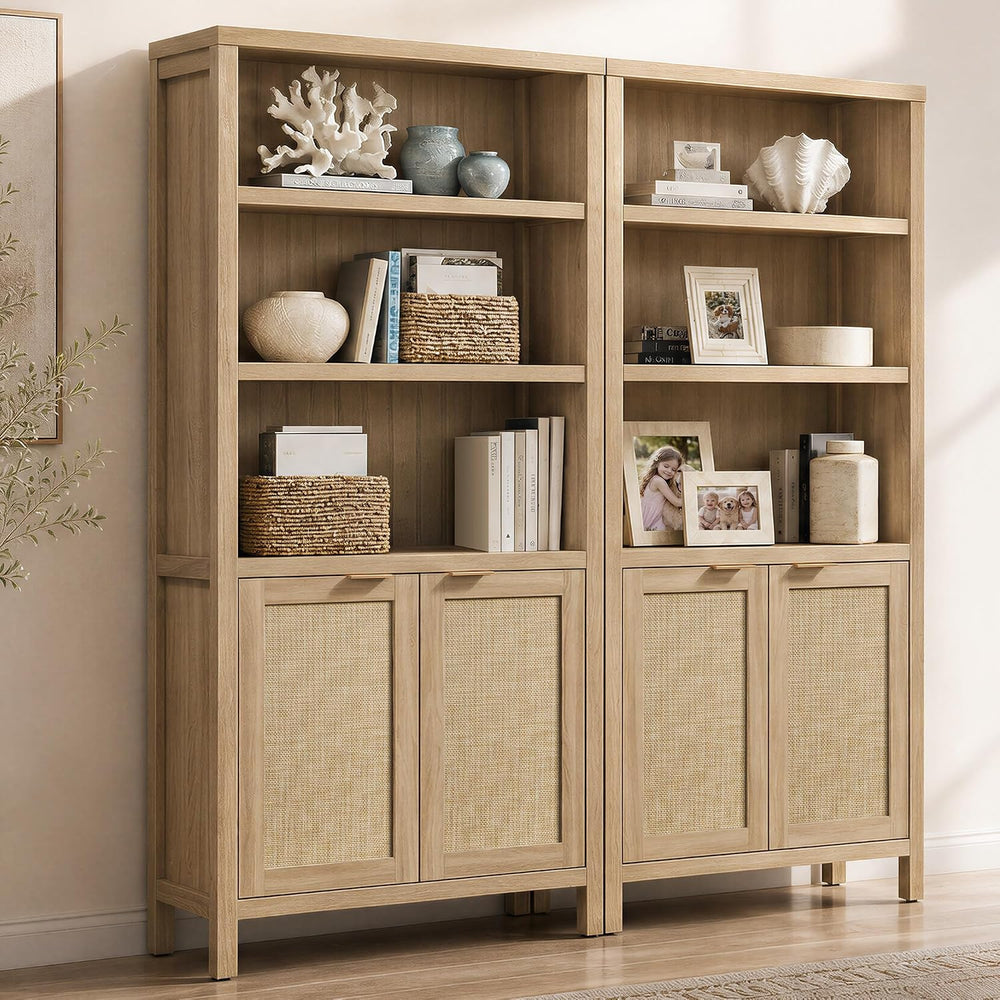 SICOTAS 71" Tall Bookcase 5 Tier Rattan Bookshelf with Doors for Library