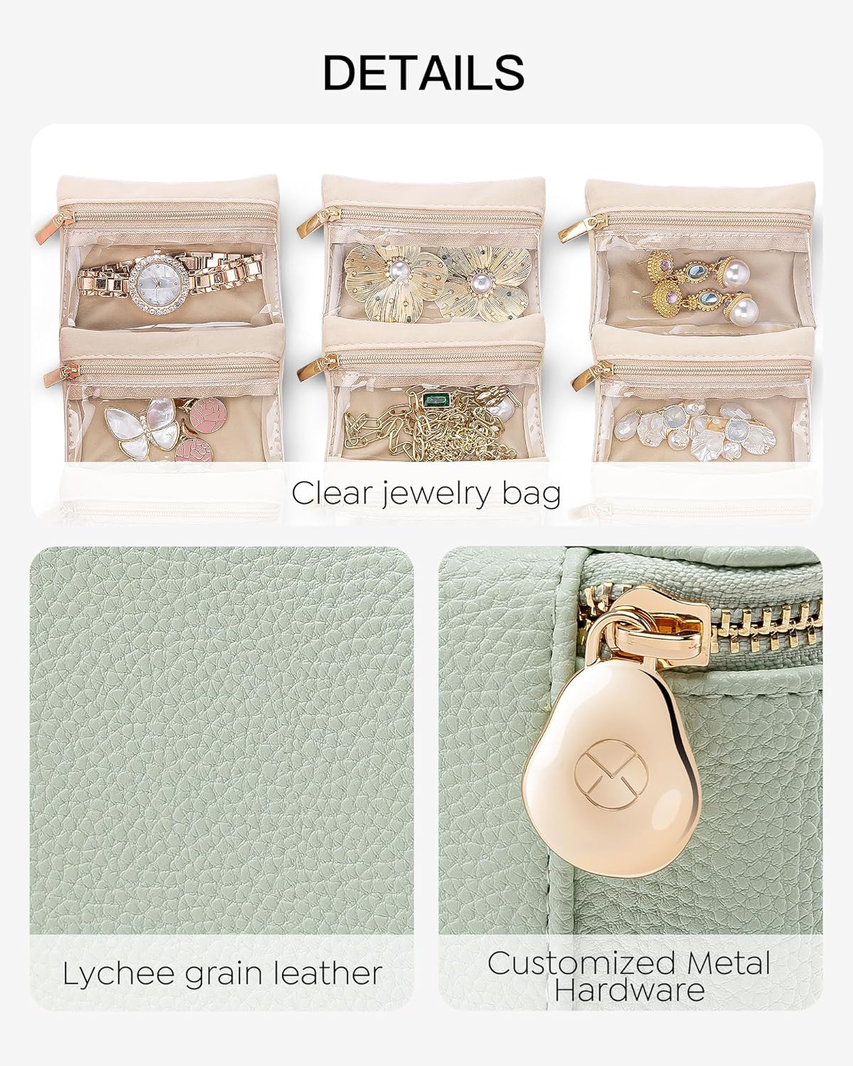 Vlando Jewelry Box with 6 Velvet Jewelry Bags Travel Jewelry Case for Women Girl Premium Petal Hardware Jewelry Organizer Necklace Rings Earrings Bags Bride Teacher Mom Gifts-Mint Green