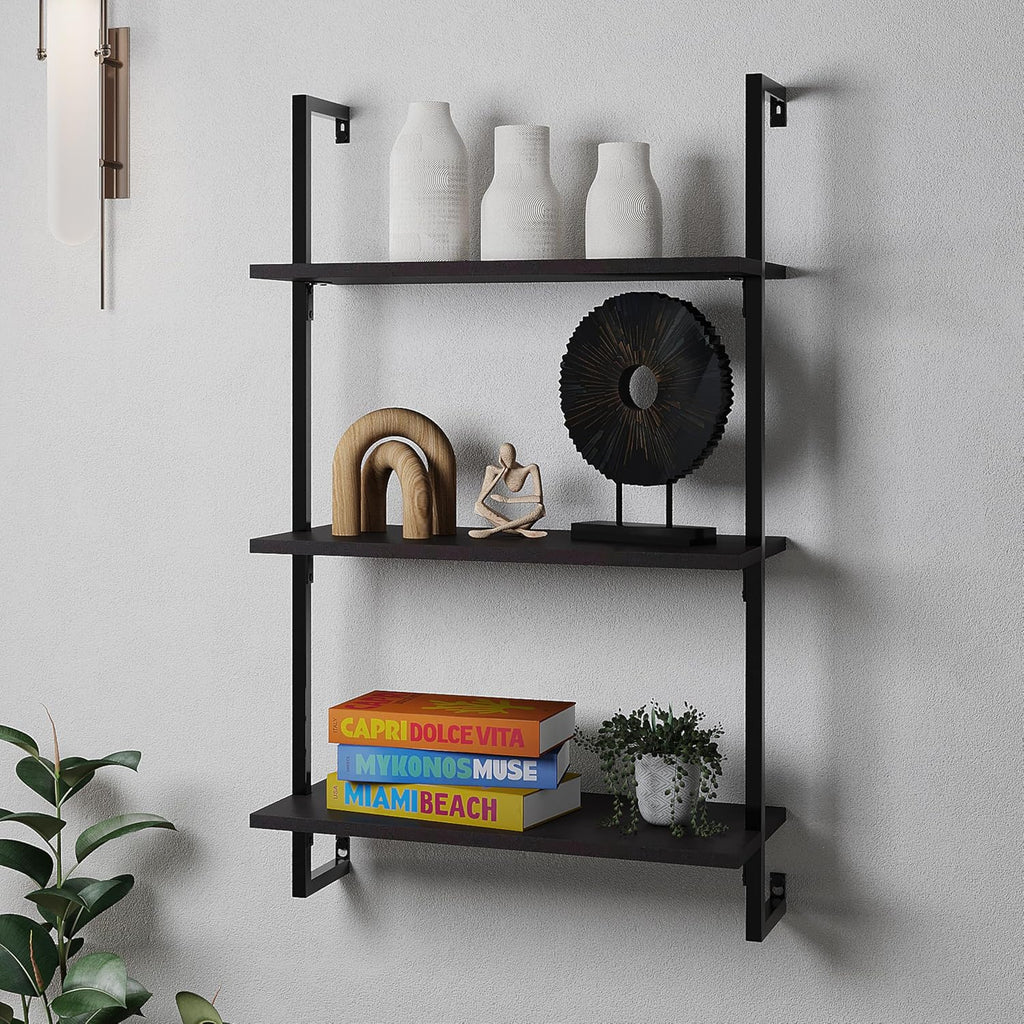happimess MSH1000A Madera 40.55" Classic Industrial 3-Shelf Wood Wall-Mounted Open Ladder Bookcase with Metal Frame, Black
