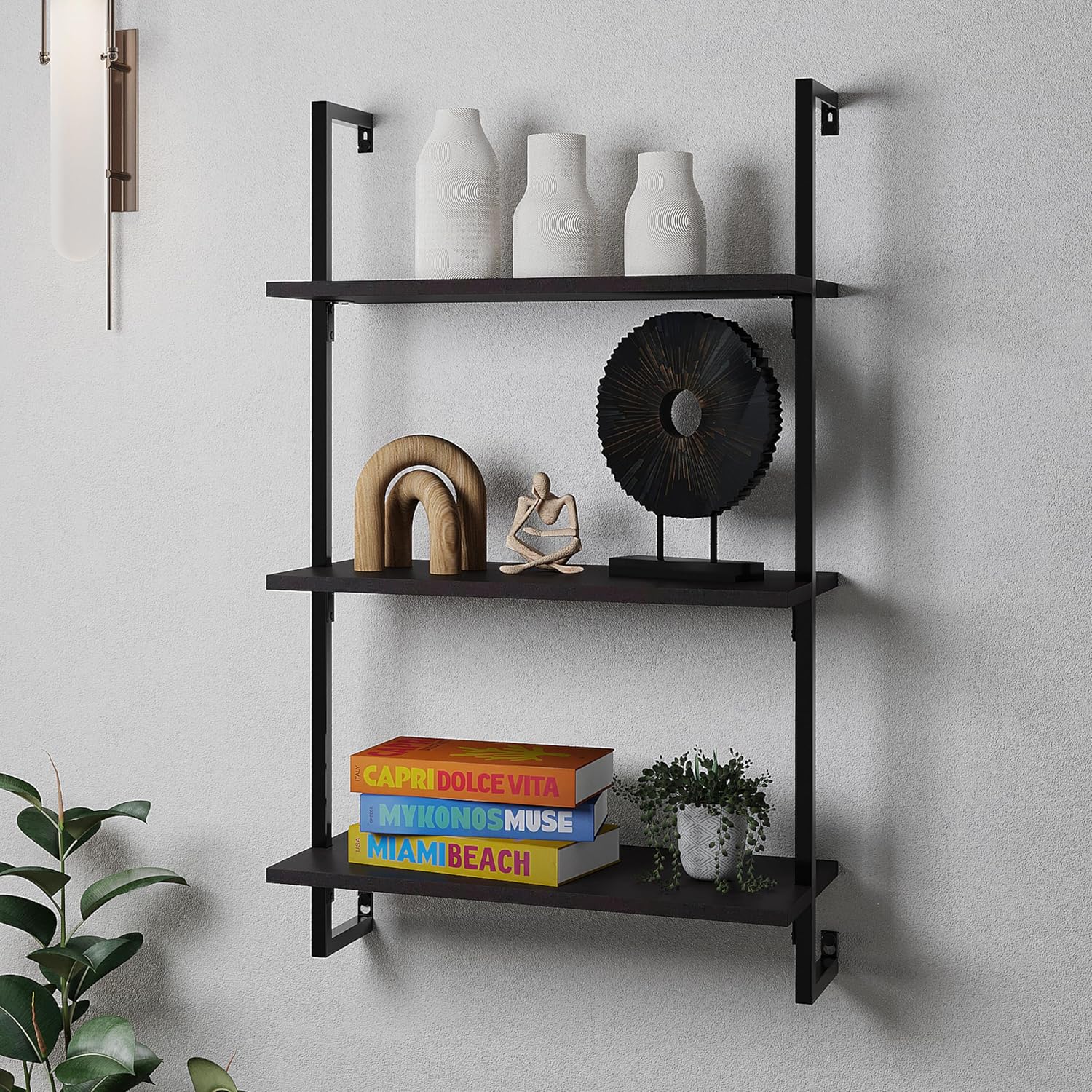 happimess MSH1000A Madera 40.55" Classic Industrial 3-Shelf Wood Wall-Mounted Open Ladder Bookcase with Metal Frame, Black