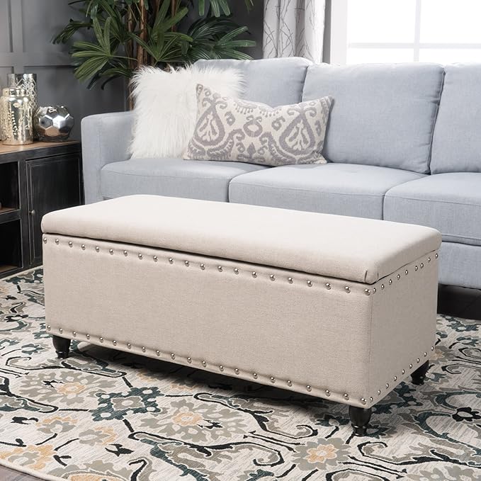 Storage Ottoman Bench,End of Bed Stool w/Safety Hinge & Nailhead Accents,Bedroom Upholstered Footrest,for Entryway,Living Room, Bed Room, Wheat,42inch