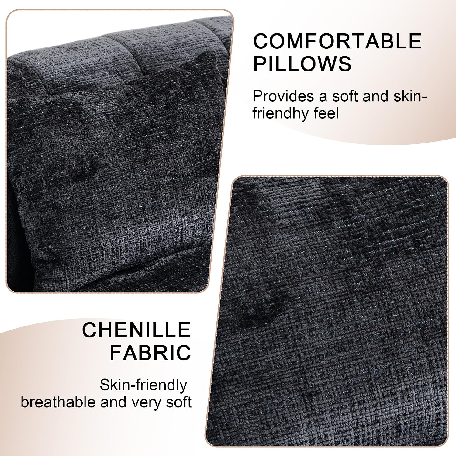 QQU Giant Bean Bag Chairs for Adult and Kids with 2 Pillows, 2-Seat Bean Bag Sofa with Armrest and Back, Chenille Loveseat Filling high -Density Foam, Large Lazy Sofa for Living Room, Bedroom,Black