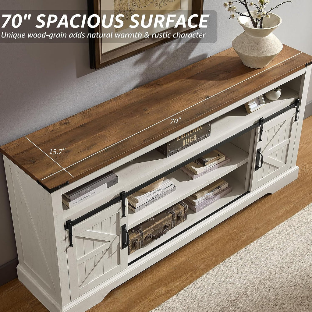 OKD 70" Farmhouse TV Stand for TVs up to 80", Antique White | 33" Tall, Rustic Entertainment Center, Sliding Barn Door, Large Open Storage Shelf, 2 Storage Cabinets, Living Room, Bedroom
