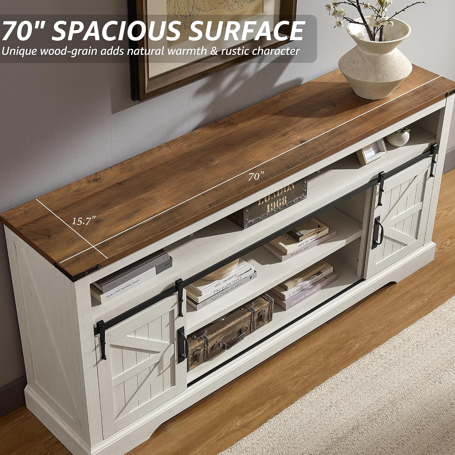 OKD 70" Farmhouse TV Stand for TVs up to 80", Antique White | 33" Tall, Rustic Entertainment Center, Sliding Barn Door, Large Open Storage Shelf, 2 Storage Cabinets, Living Room, Bedroom
