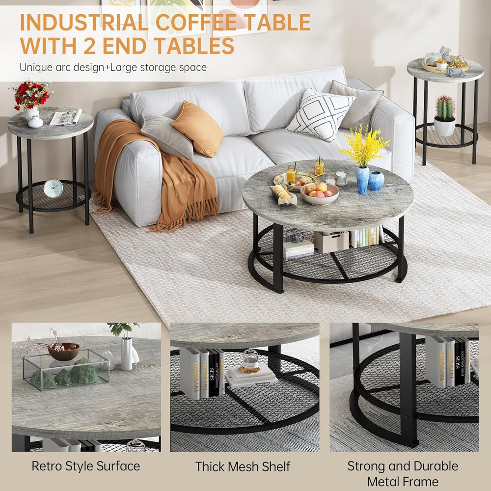 Recaceik Round Coffee Table and End Table Set of 3 with Storage, Modern Vinta...