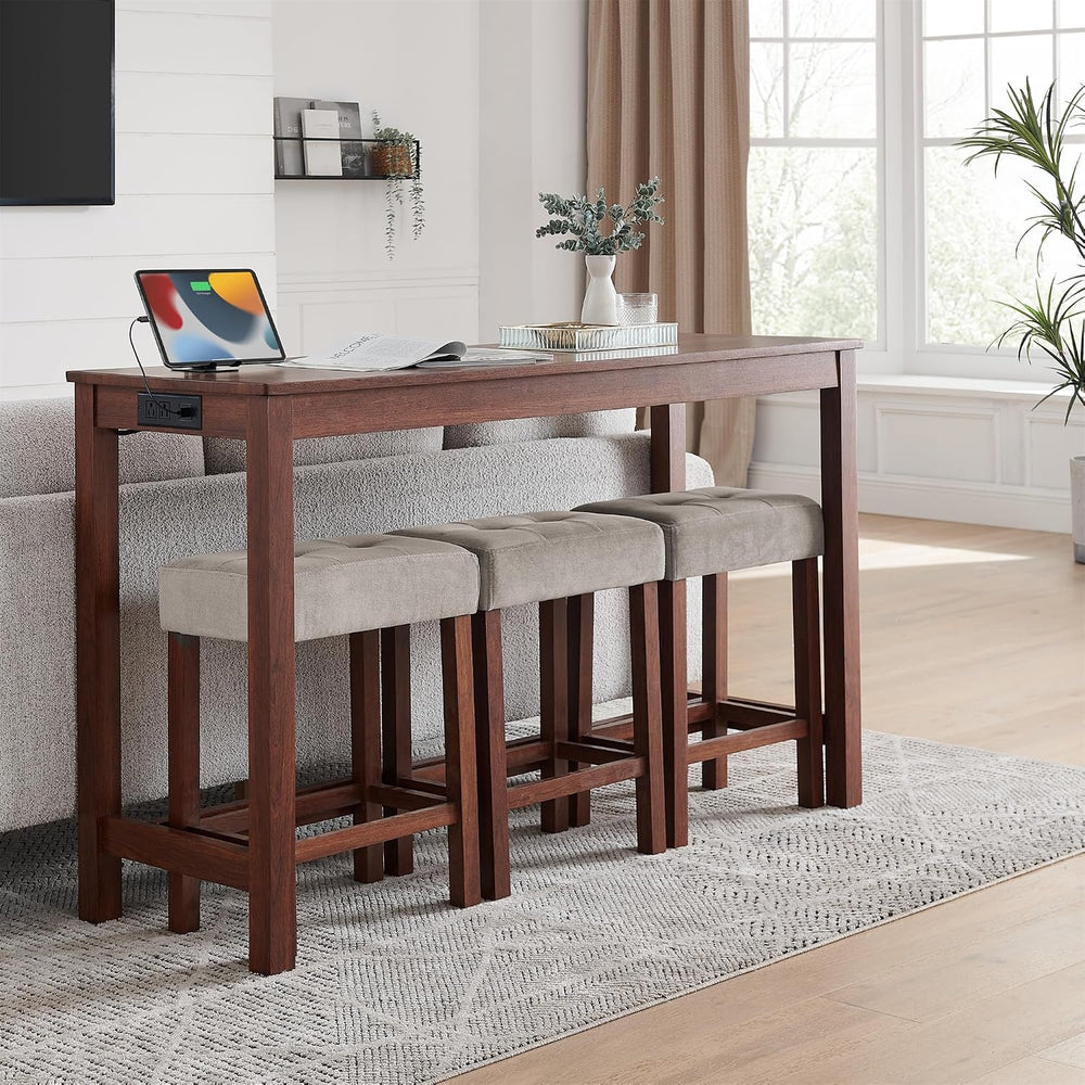 Merax 59 Inch Industrial Bar Table Set with Power Outlet & 3 Stools, Kitc...