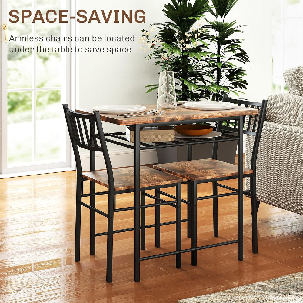 HOMCOM 3-Piece Dining Table Set for 2 Built-in Storage Rack Rustic Brown