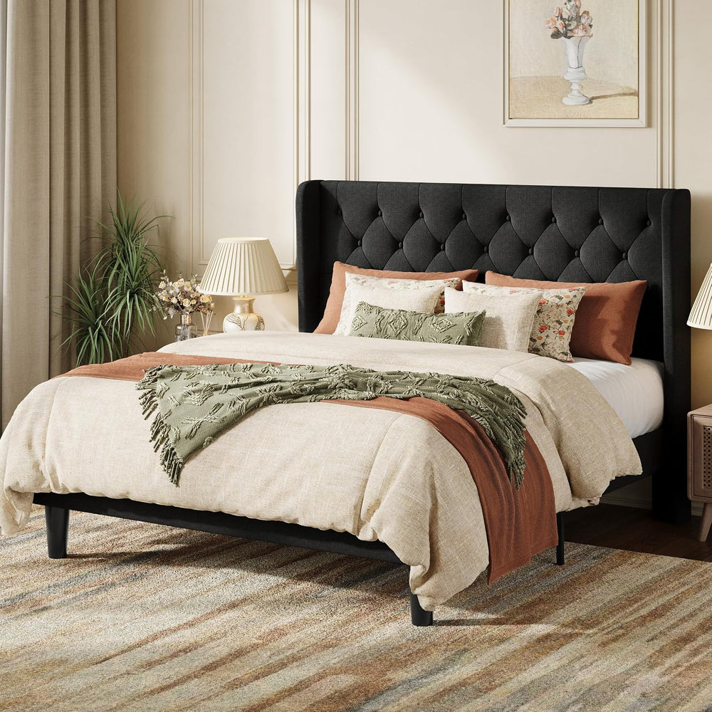 SHA CERLIN Queen Upholstered Bed Frame, Button Tufted Design, Black