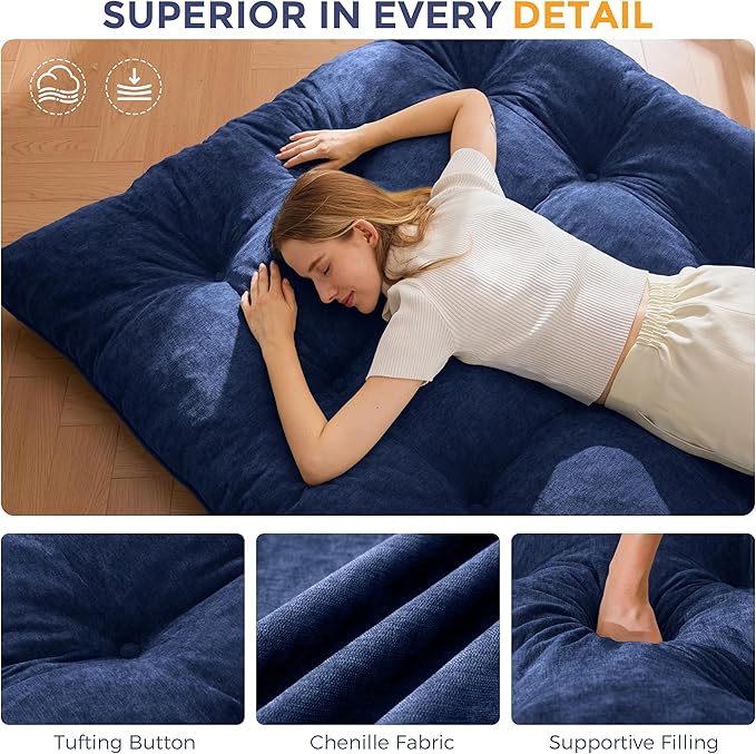 MAXYOYO Japanese Floor Mattress Queen Size, 6" Foldable Futon Mattress Tufted Roll Up Floor Bed, Thick Chenille Tatami Mat Sleeping Pad for Camping Guest Room Dormitory Bedroom RV, Navy
