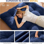 MAXYOYO Japanese Floor Mattress Queen Size, 6" Foldable Futon Mattress Tufted Roll Up Floor Bed, Thick Chenille Tatami Mat Sleeping Pad for Camping Guest Room Dormitory Bedroom RV, Navy