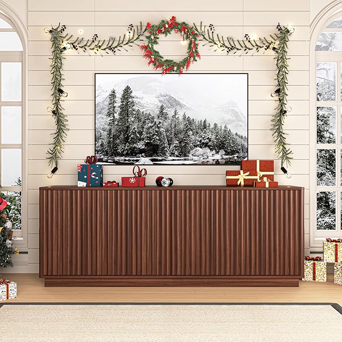 63'' Fluted TV Stand for TVs up to 75'', Modern Long Media Console with Storage Cabinets & Adjustable Shelves,Entertainment Center for Living Room Bedroom (Walnut)
