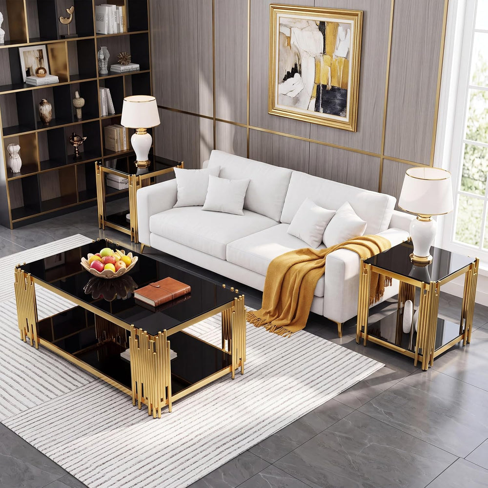 Glass Coffee Table Set of 3, End Table Modern Living Room Table Rectangle Cle...