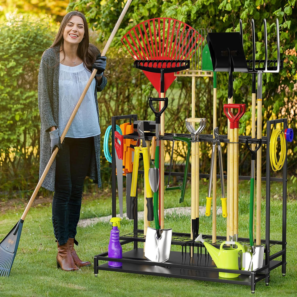 Garden Tool Organizer for Garage, Yard Tool Rack, Holds Up to 64 Long-Handled Tools, Black Metal Garden Tools Rack Storage with Hooks for Yard Shed Garage Organization
