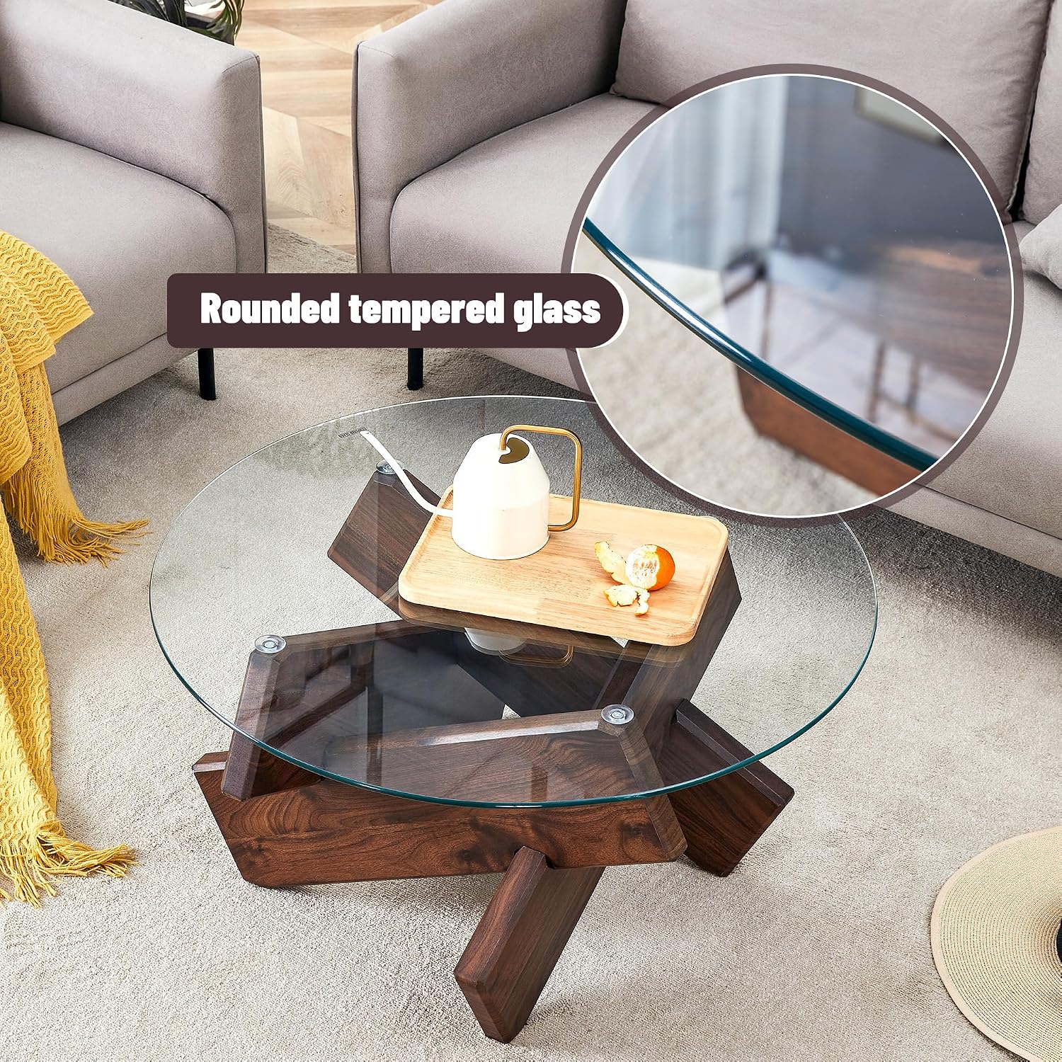 Round Glass Coffee Table, 33.4-Inch Clear Tempered Glass Top | Rustic Walnut-Finish Crossed Base, Modern Glass Center Table for Living Room, Apartment and Small Spaces