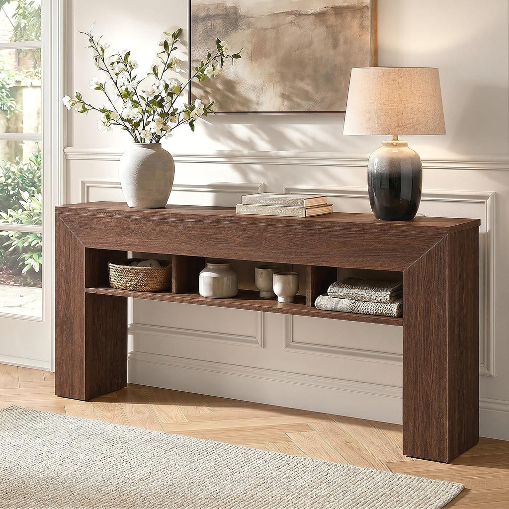 EnHomee 63" Console Table with 3 Shelves Behind Sofa, Dark Brown | Renters & Homeowners, Wood, Holds 220 Lbs, Anti-tip Kit & Non-Slip Pads