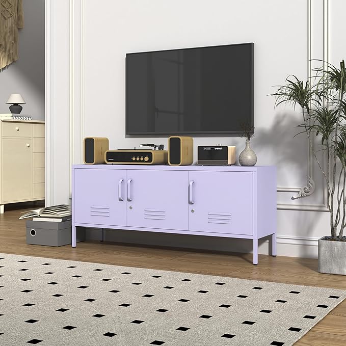 3 Door Lockable Metal TV Stand Storage Cabinet, Wide Heavy Duty Media Console for Large 100+ Inch TVs, Home Office Entertainment Center, Purple 22" H X 47.3" W X 13.8" D