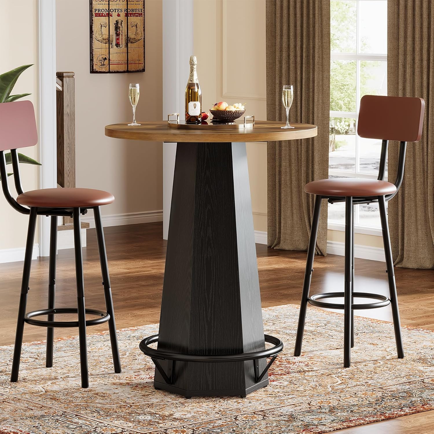 Tribesigns Round Bar Pub Table High Top, 39.4" H Bistro Cocktail Table with Metal Footrest for Drinking & Gathering, Industrial Home Bar Unit, Small Spaces, Brown & Black