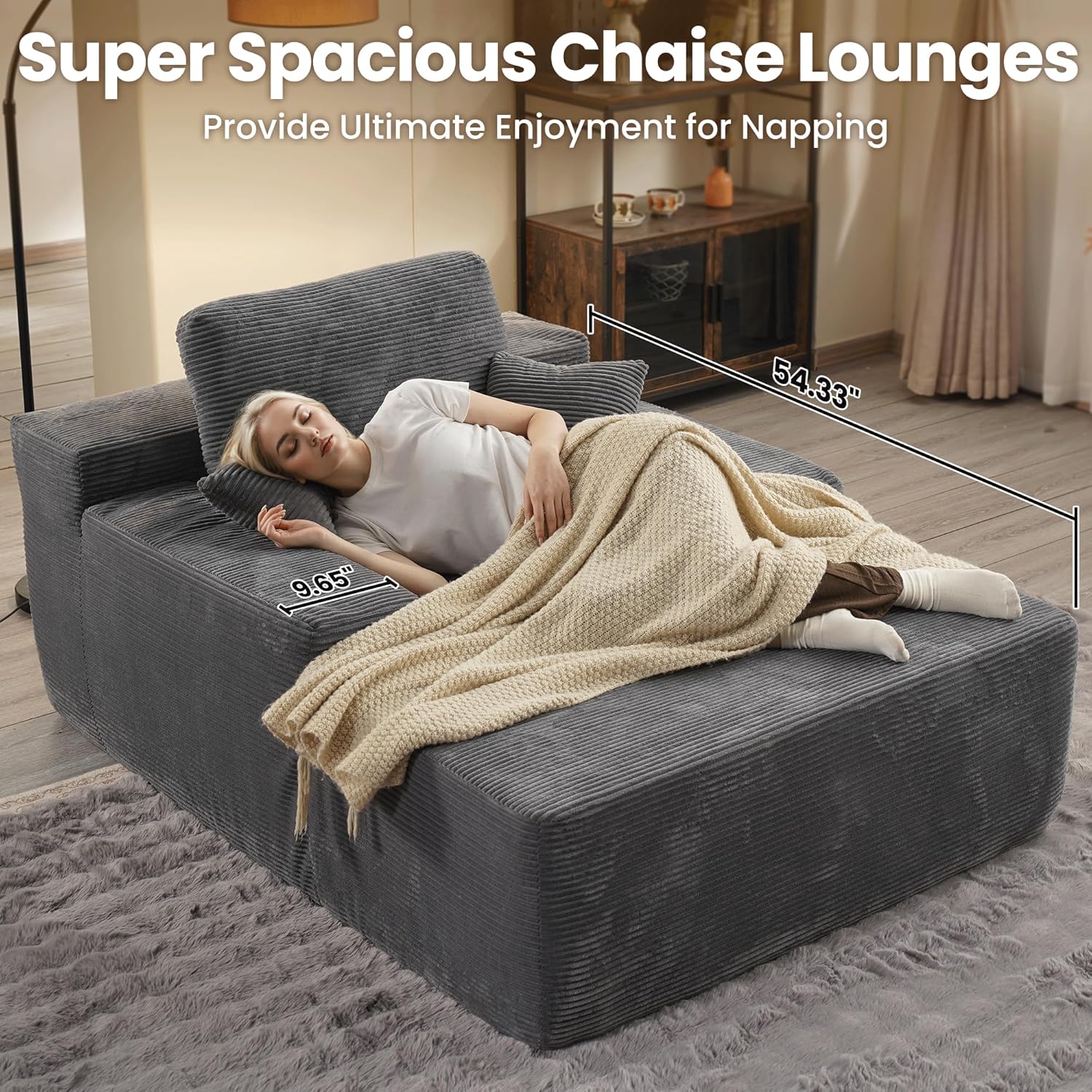 ovios 67'' Chaise Lounge Chair Indoor, Oversized Upholstered Boneless Sofa Bed, Deep Seat Sleeper Couch, Plush Cloud Sofas Couches for Living Room, No Assembly Required (Corduroy, Grey)