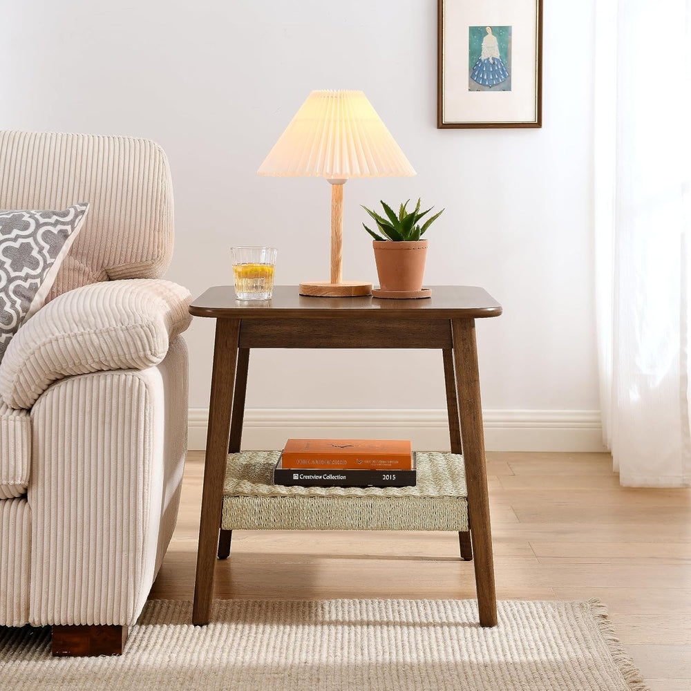 NewCosmos 23" Mid-Century Side Table with Woven Shelf, Boho Side Table w...