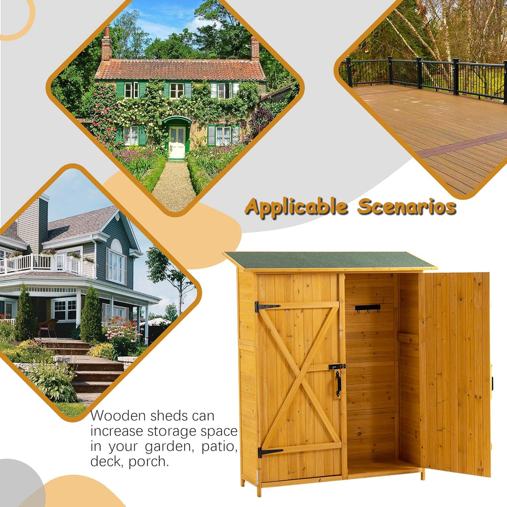 56" x 19.5" x 64" Outdoor Wooden Storage Shed with Lockable Door, Detachable Shelves & Waterproof Asphalt Roof for Garden Tools, Pool Supplies, Lawn Equipment