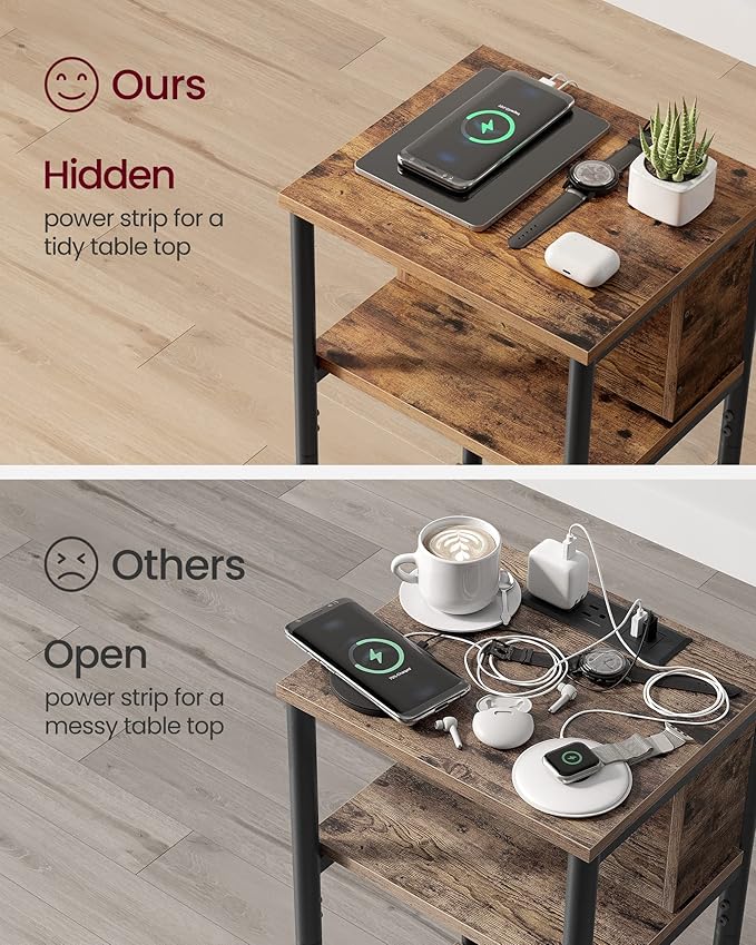 VASAGLE Side Table with Charging Station, 3-Tier End Table with USB Ports and...