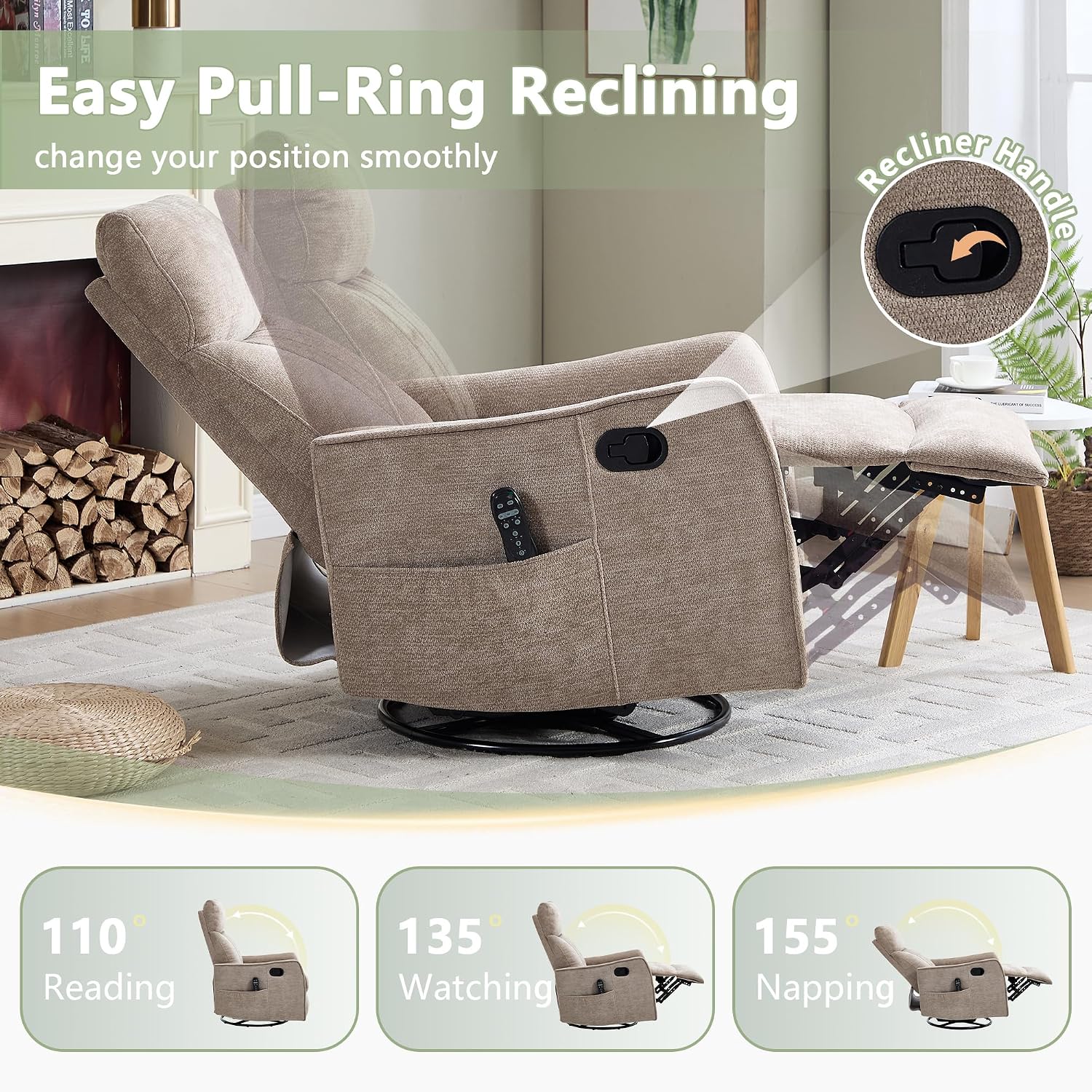 cinkehome Swivel Rocker Recliner, Glider Rocker Recliner Chair for Nursery, Manual Reclining Chair with Heated Massage, Small Spaces, Living Room, Khaki Chenille