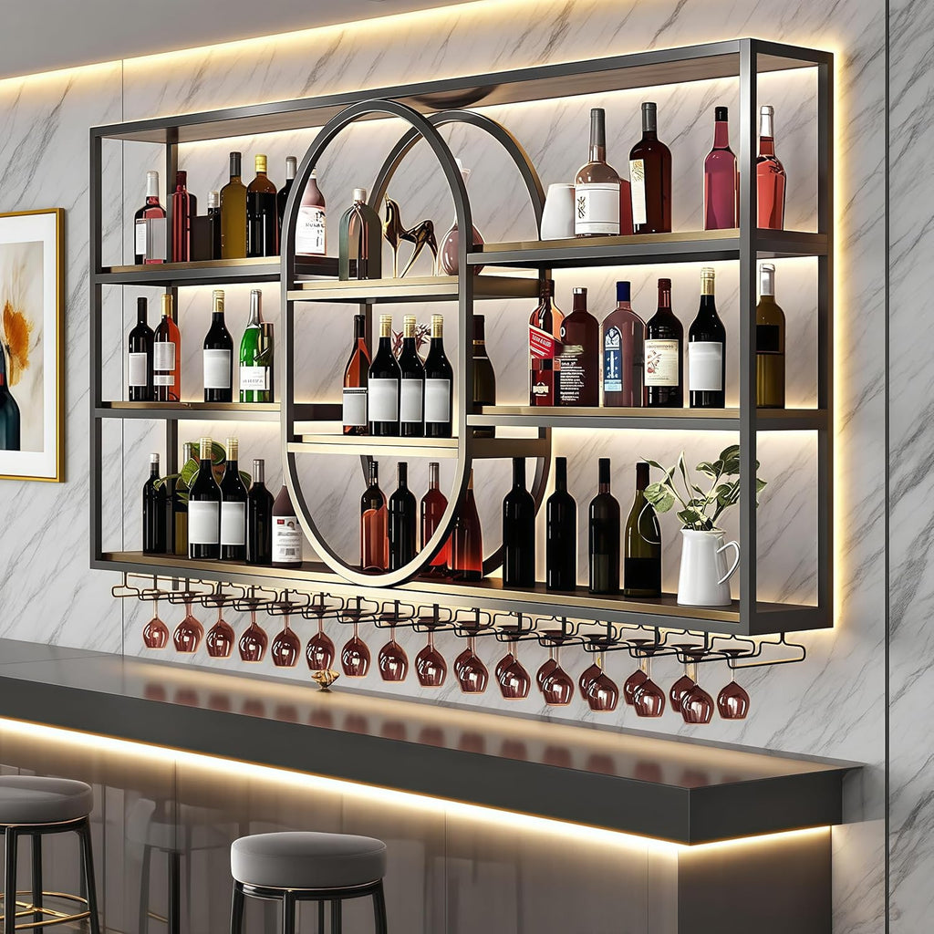 71IN Large Wall Mount Wine Rack, Metal 4 Tier Hanging Bottle Holder with Wine Glass Storage Racks, Modern Floating Wine Shelves for Home Bar Dining Room Decoration(Black)
